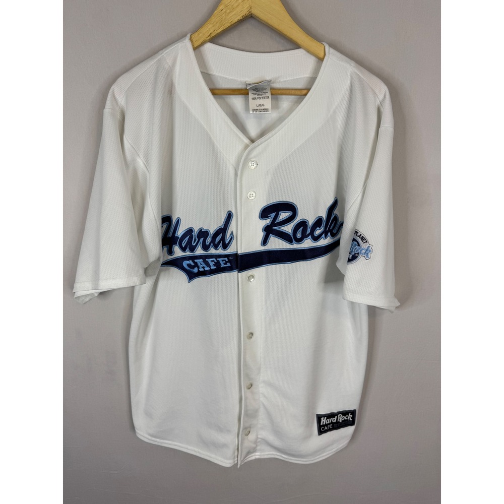 Hard Rock Cafe Hollywood Baseball Jersey White Blue‎ Embroidered Mens Large 00